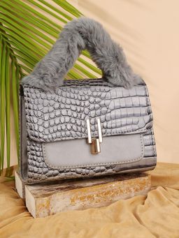 ZEVORA - Women Textured Handbag With Detachable Strap - Grey