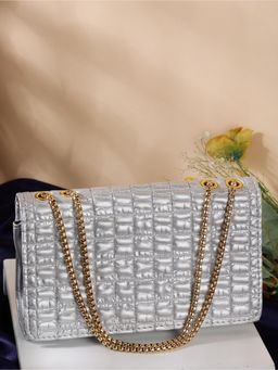 ZEVORA - Women Textured Handbag With Detachable Strap - Silver