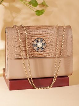 ZEVORA - Women Textured Handbag With Detachable Strap - Beige