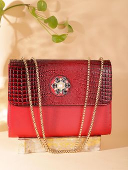 ZEVORA - Women Textured Handbag With Detachable Strap - Red