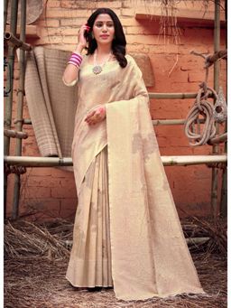Sangam Prints - Beige Organza Woven Zari Work Traditional Tassel Saree with Unstitched Blouse