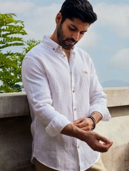 Andamen - Regular Fit Essential White Linen Sun Mark Shirt