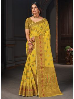 Sangam Prints - Yellow Woven & Siroski Stone Work Traditional Saree with Unstitched Blouse