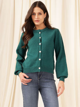 Xpose - Women Green Ribbed Casual Cardigan