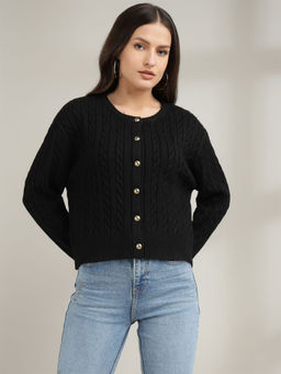 Xpose - Women Black Ribbed Casual Cardigan