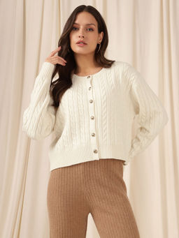 Xpose - Women Cream Ribbed Cardigan Casual Sweaters