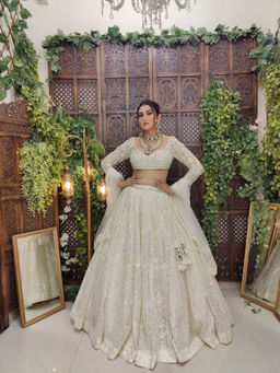 Amaltas Couture - Kish Off White Modern Blouse with Lehenga and Dupatta (Set of 3)