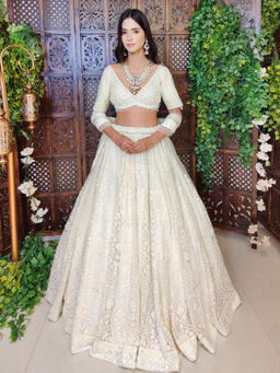 Amaltas Couture - Esther Off White Modern Blouse with Lehenga and Dupatta (Set of 3)