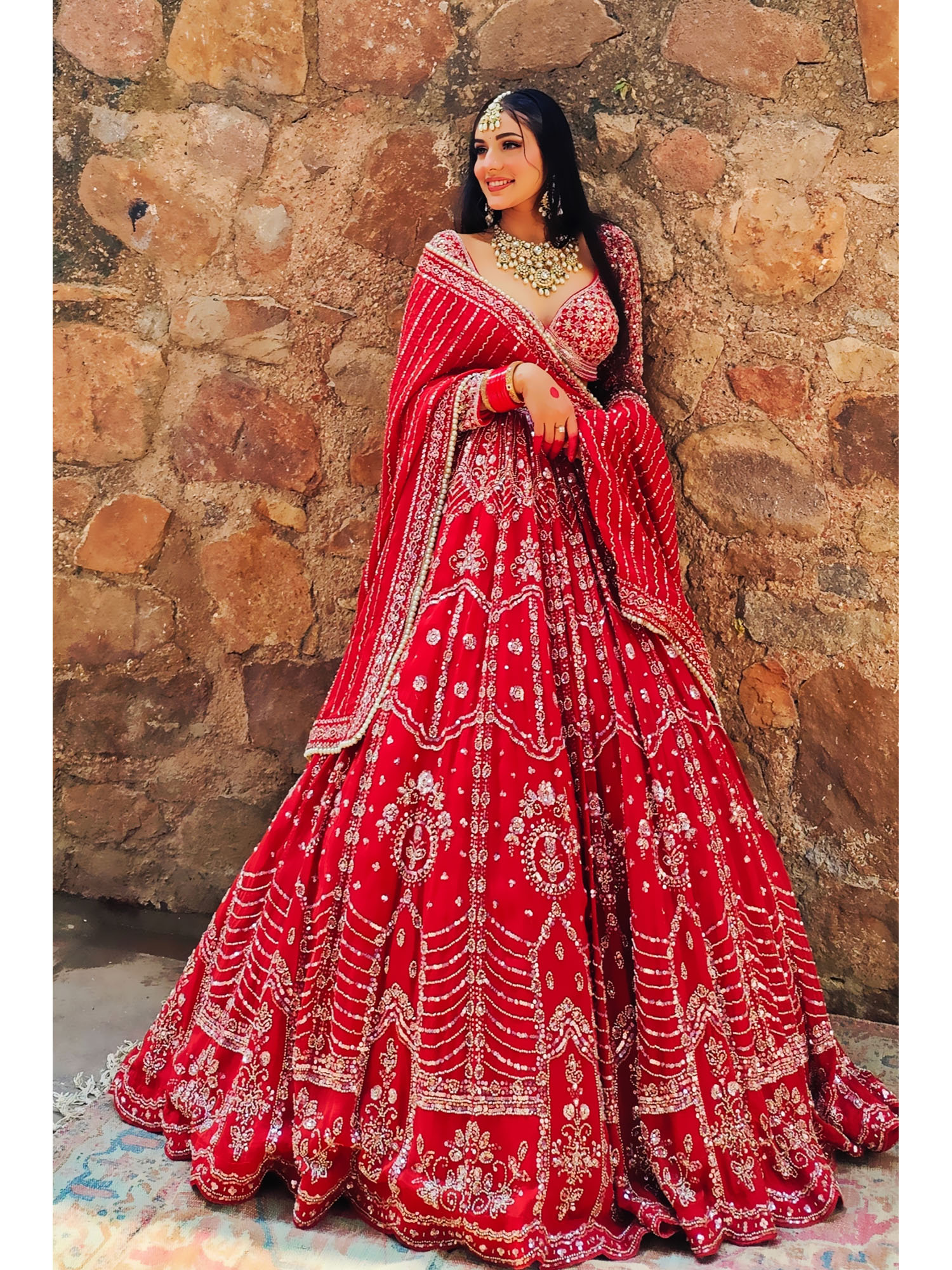 Naazim Raw Silk Red Embroidered Blouse with Lehenga and Dupatta (Set of 3)-image-30