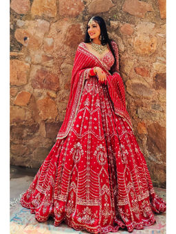 Amaltas Couture - Naazim Raw Silk Red Embroidered Blouse with Lehenga and Dupatta (Set of 3)