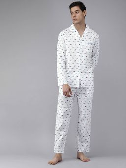 The Bear House - Men White Pure Cotton Printed Nightsuit White (Set of 2)