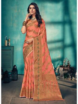 Sangam Prints - Peach Woven Work Traditional Saree with Unstitched Blouse