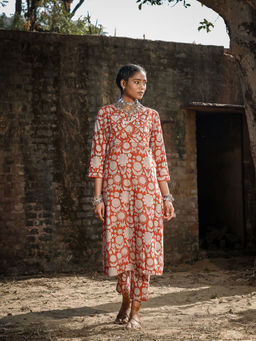 Akiso - Brick Red Block Printed Straight Kurta with Pant (Set of 2)