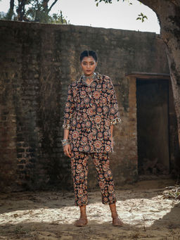 Akiso - Black Block Printed Oversized Button Down Shirt Style Kurti with Embroidery Detail