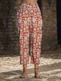 Akiso - Brick Red Block Printed Cotton Straight Pant