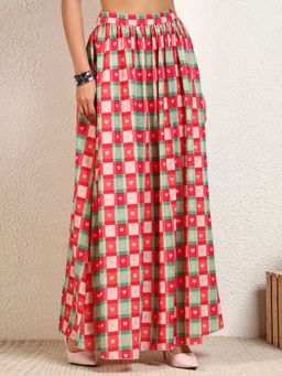 Deebaco - Red and Peach Multi Check Heart Printed Flared Skirt