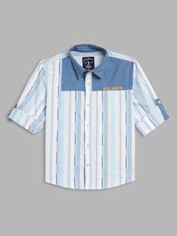 Blue Giraffe - Boys Blue Striped Spread Collar Full Sleeves Shirt