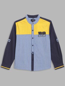 Blue Giraffe - Boys Multicolor Striped Band Collar Full Sleeves Shirt