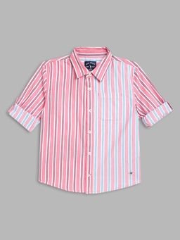 Blue Giraffe - Boys Red Striped Spread Collar Full Sleeves Shirt