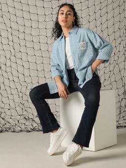 Hubberholme - WomenOversized Fit Spread Collar Shiffli Cotton Casual Shirt