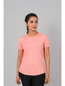 The Fit Theory - Women'S Peach Solid Gym Sports Round Neck T-Shirt