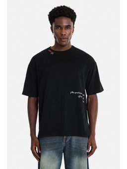 Snitch - Men Black Embroidered Cotton Oversized Fit T-shirt