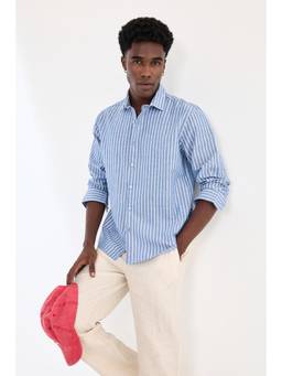 Snitch - Men Blue Stripes Cotton Linen Blend Regular Fit Shirt