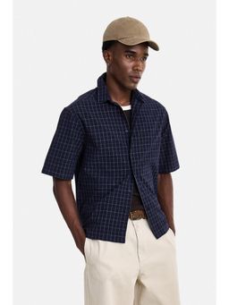 Snitch - Men Navy Blue Checks Cotton Oversized Fit Shirt