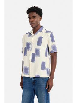Snitch - Men Off White Printed Cotton Blend Boxy Fit Shirt