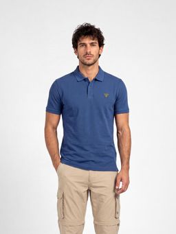 Guess - Men Blue Solid/Plain Cotton Regular Fit Polo T-Shirt