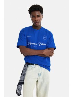 Snitch - Men Blue Typography Cotton Oversized Fit T-shirt