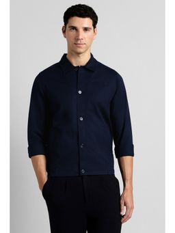 Simon Carter - Men Navy Blue Solid/Plain Cotton Blend Regular Fit Jacket