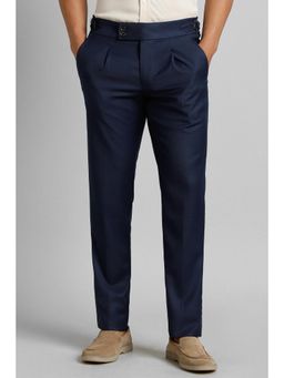 Simon Carter - Men Navy Blue Solid/Plain Polyester Blend Slim Fit Trousers