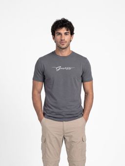 Guess - Men Grey Solid/Plain Cotton Regular Fit T-Shirt