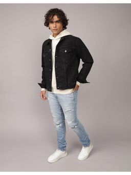 American Eagle - Men Black Solid/Plain Cotton Blend Regular Fit Denim Jacket