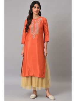 W - Orange Solid Kurta with Skirt (Set of 2)