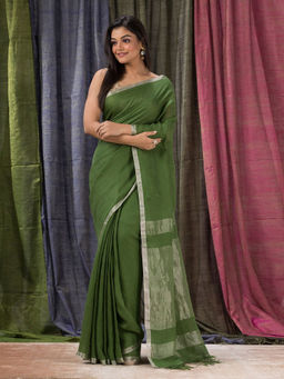 Angoshobha - Traditional Green Handloom Linen Saree with Unstitched Blouse