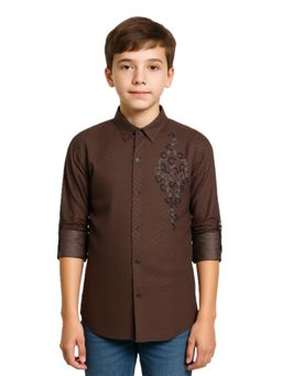 CHARCHIT - Boys Regular Fit Embroidered Full Sleeves Casual Shirt - Brown