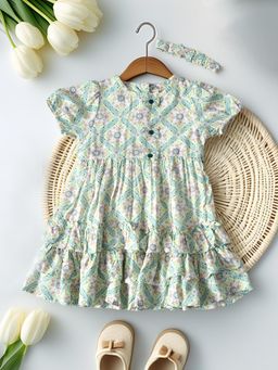 Bella Moda - Net Woven Half Puffed Sleeves Floral Printed Dress With Headband - Green