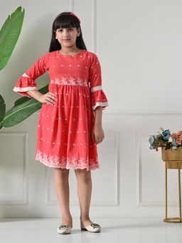 Bella Moda - Net Woven Three Fourth Bell Sleeves Floral Printed Dress - Red