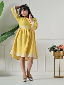 Bella Moda - Net Woven Three Fourth Bell Sleeves Floral Printed Dress - Mustard