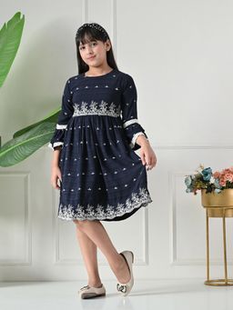 Bella Moda - Net Woven Three Fourth Bell Sleeves Floral Printed Dress - Navy Blue