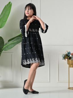 Bella Moda - Net Woven Three Fourth Bell Sleeves Floral Printed Dress - Black