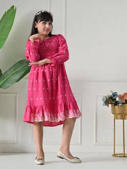 Bella Moda - Net Woven Full Peasant Sleeves Floral Printed Dress - Pink