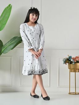 Bella Moda - Net Woven Full Peasant Sleeves Floral Printed Dress - White