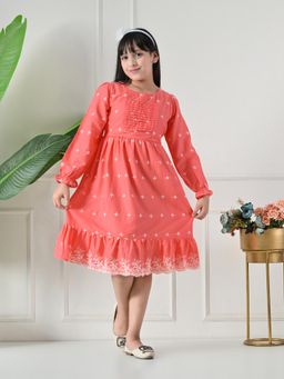 Bella Moda - Net Woven Full Peasant Sleeves Floral Printed Dress - Red