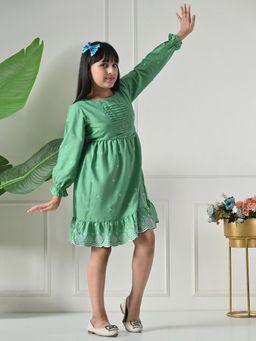 Bella Moda - Net Woven Full Peasant Sleeves Floral Printed Dress - Green