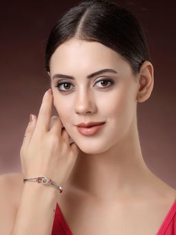 ZENEME - Silver Plated Ruby Red Stone Studded Handcrafted White Crystal Bracelet