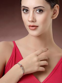ZENEME - Rhodium Plated Ruby Red American Diamond Stoned Bangle-Style Charm Bracelet