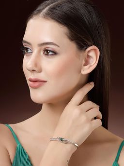 ZENEME - Rhodium Plated Emerald Green American Diamond Stoned Bangle-Style Charm Bracelet